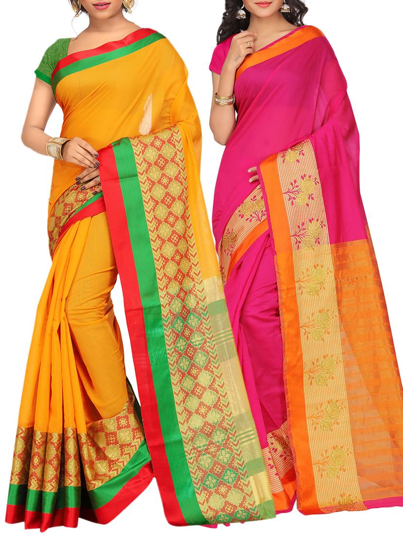 set of 2 zari bordered saree with blouse - 15484507 - Zoom Image - 1