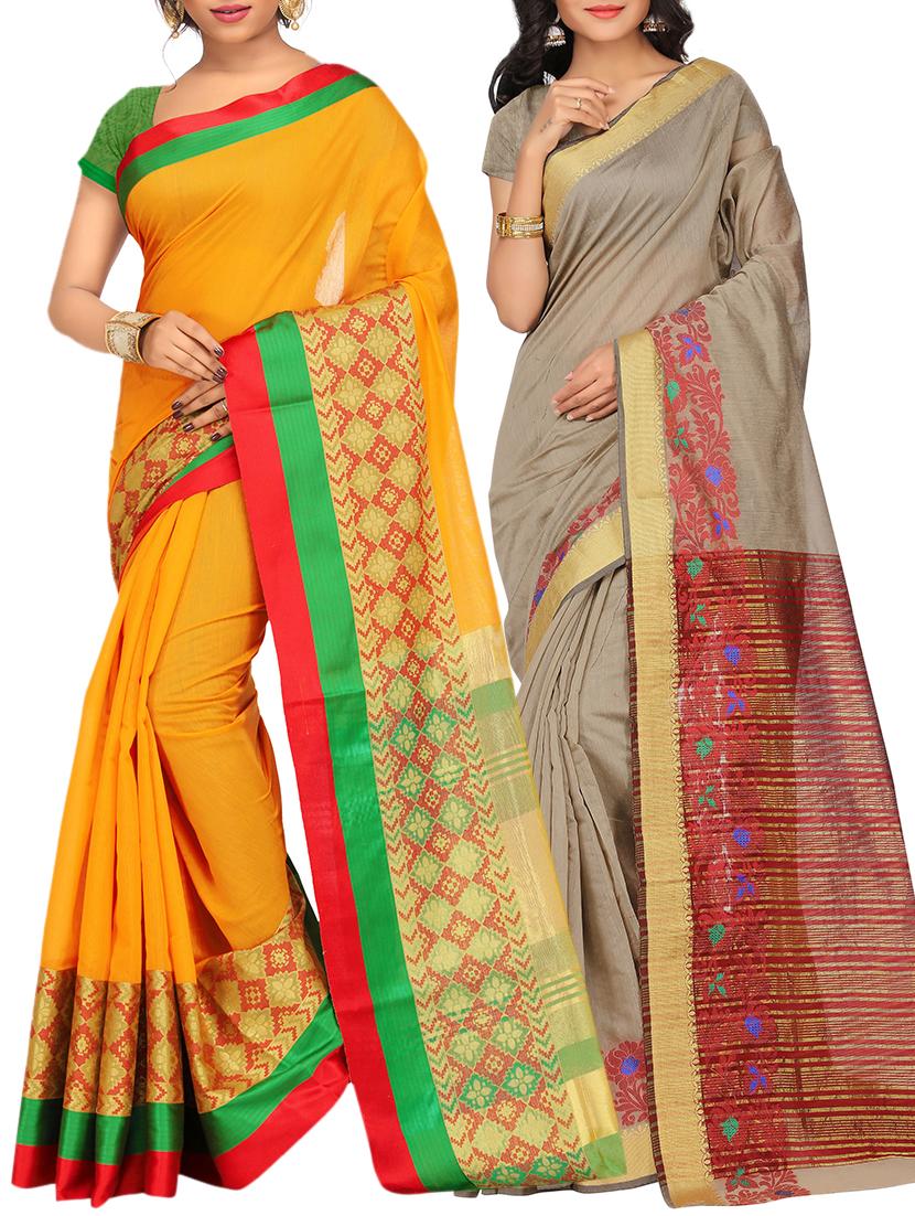 set of 2 zari bordered saree with blouse - 15484508 - Zoom Image - 1