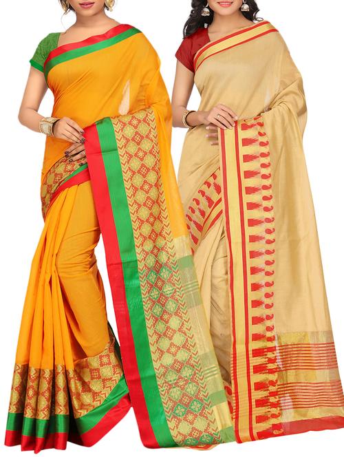 set of 2 zari bordered saree with blouse - 15484509 - Standard Image - 1