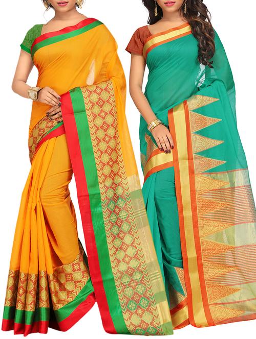 set of 2 zari bordered saree with blouse - 15484510 - Standard Image - 1