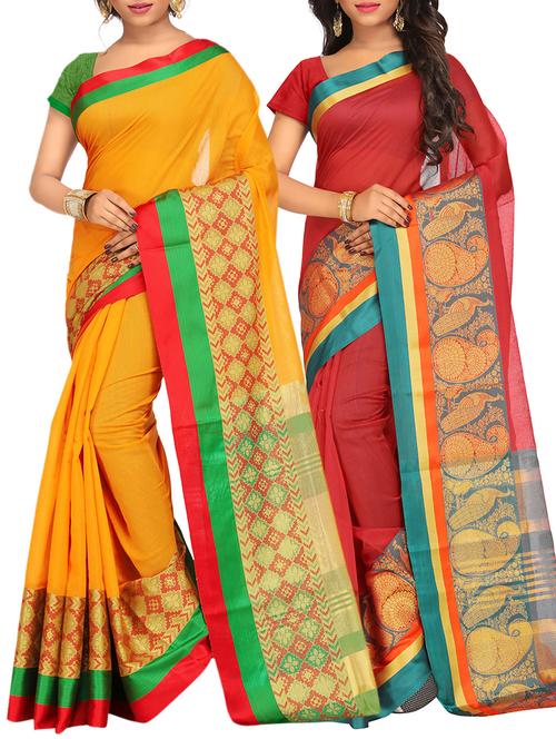 set of 2 zari bordered saree with blouse - 15484511 - Standard Image - 1