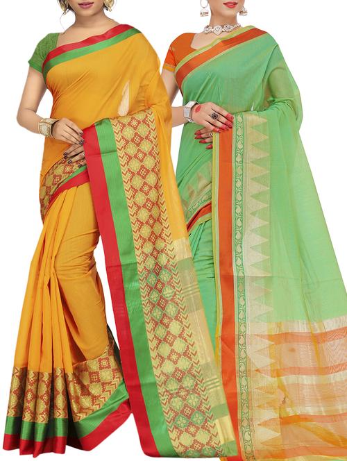 set of 2 zari bordered saree with blouse - 15484513 - Standard Image - 1