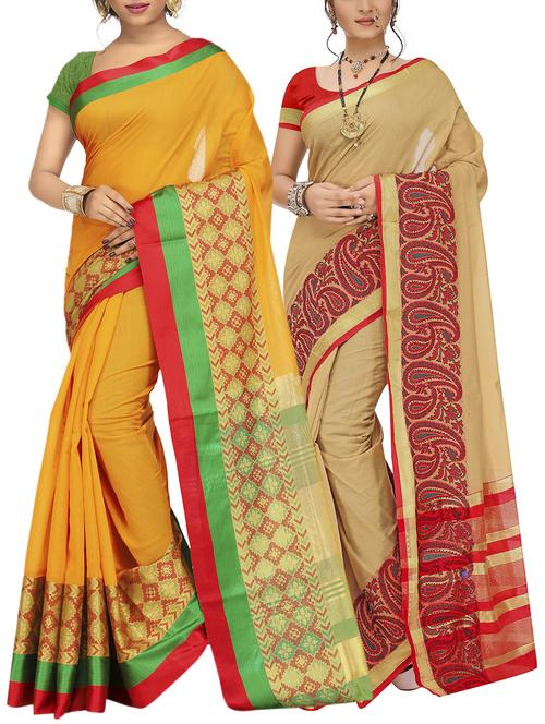 set of 2 zari bordered saree with blouse - 15484515 - Standard Image - 1