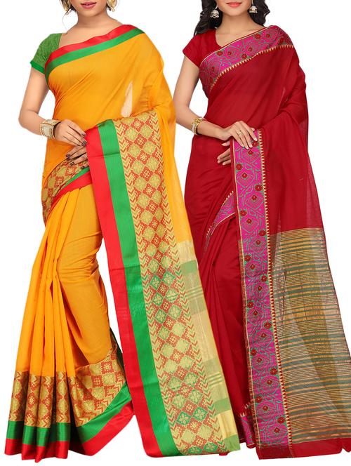 set of 2 zari bordered saree with blouse - 15484518 - Standard Image - 1