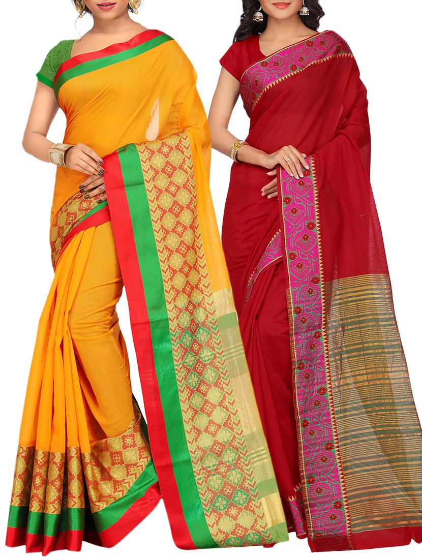 set of 2 zari bordered saree with blouse - 15484518 - Zoom Image - 1