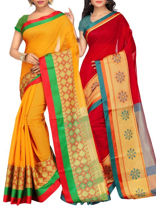 set of 2 zari bordered saree with blouse - 15484520 - Standard Image - 1