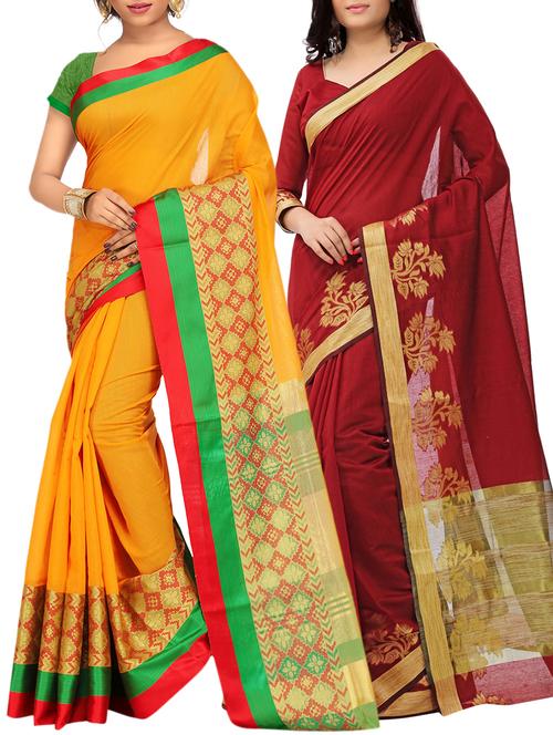 set of 2 zari bordered saree with blouse - 15484522 - Standard Image - 1