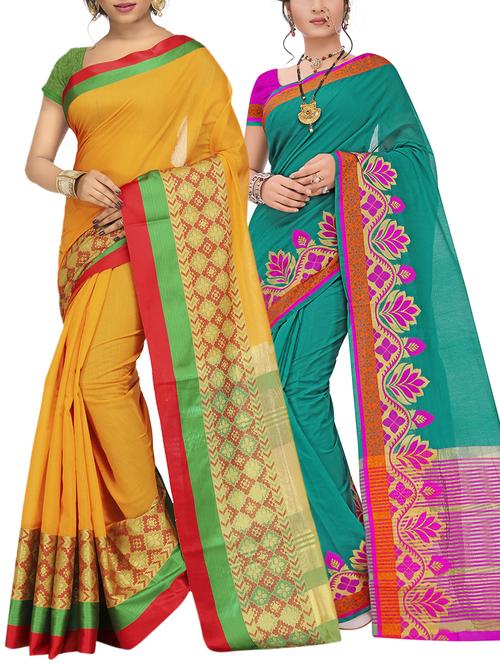 set of 2 zari bordered saree with blouse - 15484524 - Standard Image - 1
