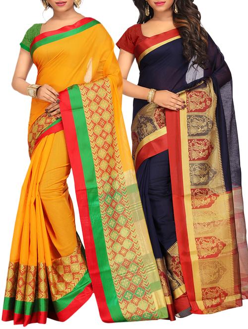 set of 2 zari bordered saree with blouse - 15484525 - Standard Image - 1