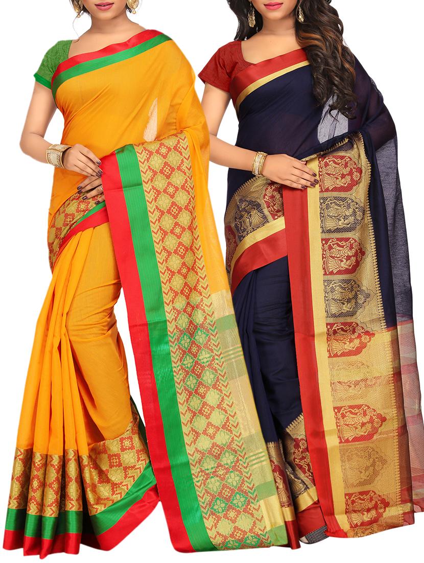 set of 2 zari bordered saree with blouse - 15484525 - Zoom Image - 1