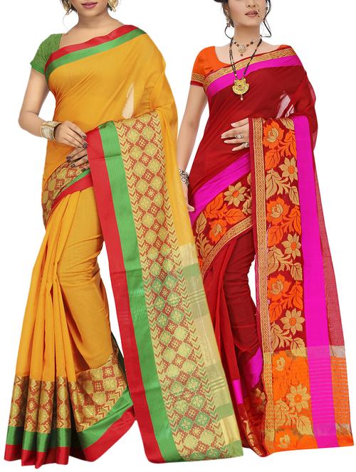 set of 2 zari bordered saree with blouse - 15484529 - Standard Image - 1