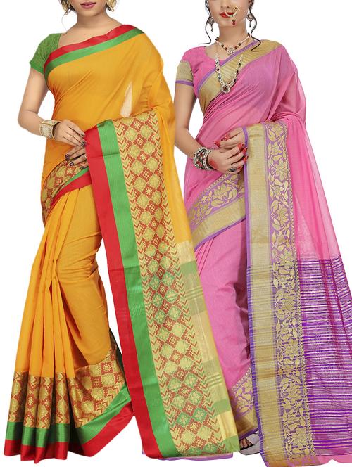 set of 2 zari bordered saree with blouse - 15484530 - Standard Image - 1