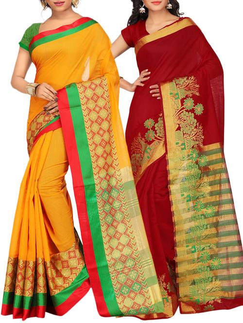 set of 2 zari bordered saree with blouse - 15484532 - Standard Image - 1