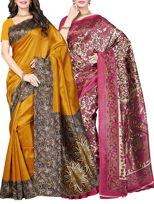 (set of 2) multicolor silk blend printed saree combo with blouse - 15484746 - Standard Image - 1