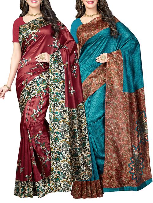 (set of 2) multicolor silk blend printed saree combo with blouse - 15484748 - Standard Image - 1