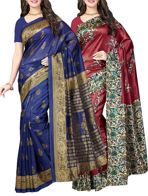 (set of 2) multicolor silk blend printed saree combo with blouse - 15484749 - Standard Image - 1