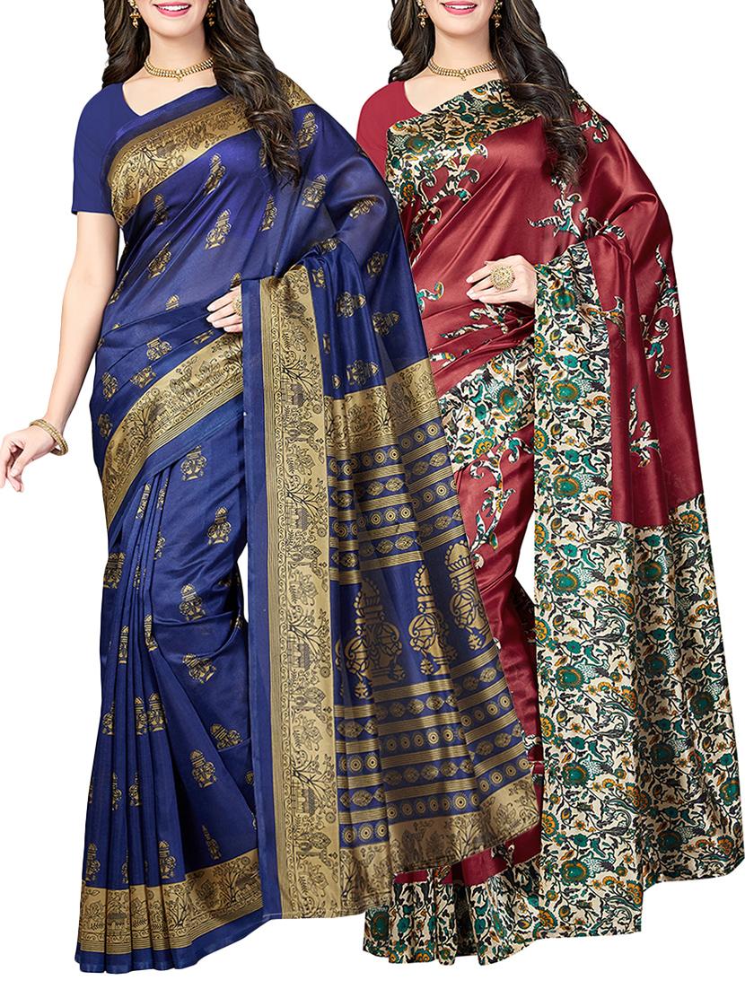 (set of 2) multicolor silk blend printed saree combo with blouse - 15484749 - Zoom Image - 1