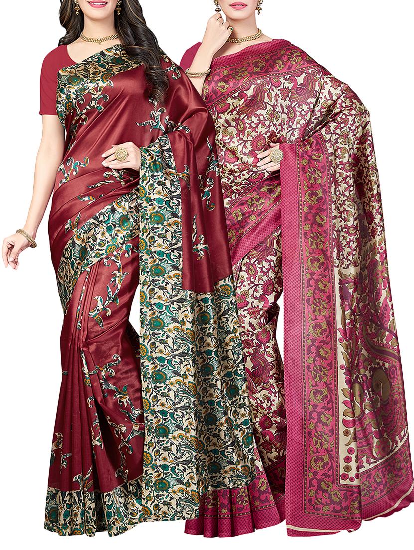 (set of 2) multicolor silk blend printed saree combo with blouse - 15484750 - Zoom Image - 1