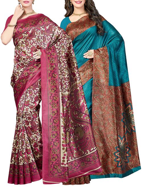 (set of 2) multicolor silk blend printed saree combo with blouse - 15484753 - Standard Image - 1