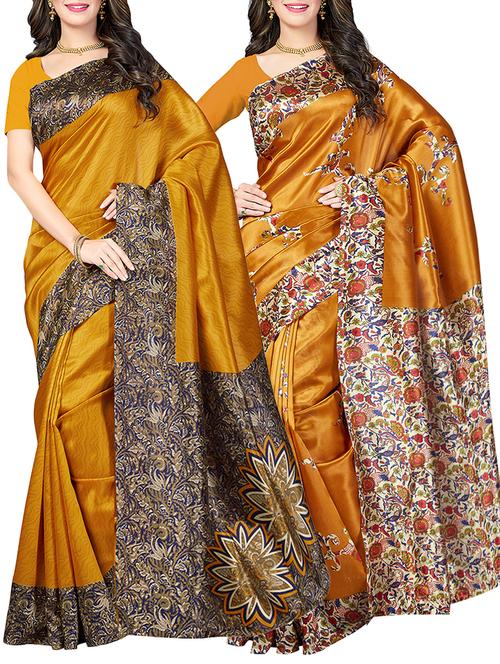 (set of 2) mustard silk blend printed saree combo with blouse - 15484757 - Standard Image - 1