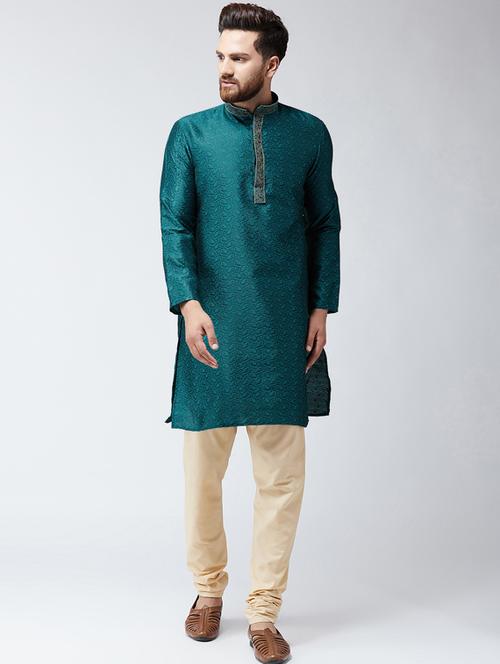 teal green & beige silk blend kurta pyjama set - 15484971 - Very Small Image - 1