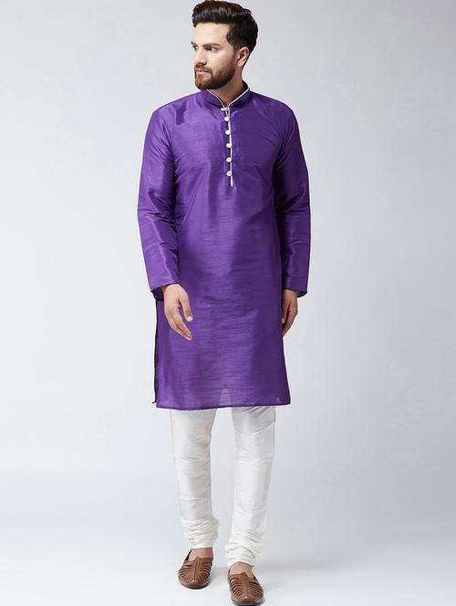 purple & white silk blend kurta pyjama set - 15485030 - Very Small Image - 1