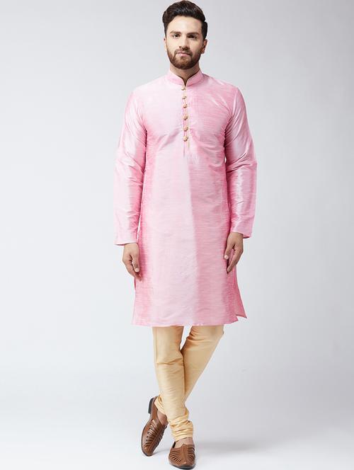 pink & gold silk blend kurta pyjama set - 15485031 - Very Small Image - 1