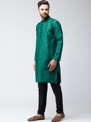dark green & black silk blend kurta pyjama set - 15485032 - Standard Image - 2