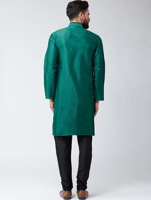 dark green & black silk blend kurta pyjama set - 15485032 - Standard Image - 3