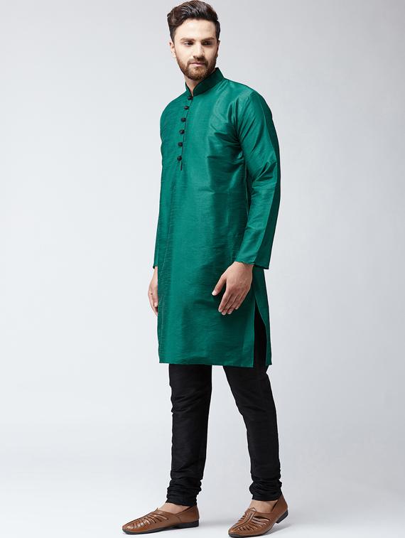 dark green & black silk blend kurta pyjama set - 15485032 - Zoom Image - 2