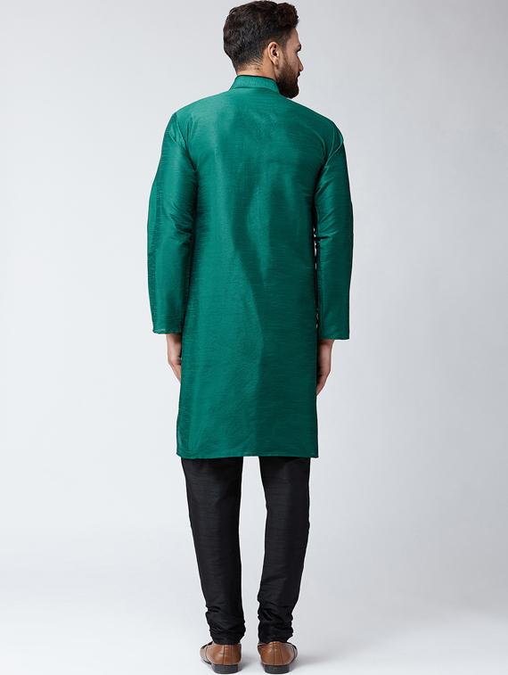 dark green & black silk blend kurta pyjama set - 15485032 - Zoom Image - 3