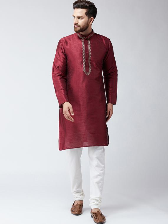 maroon & white silk blend kurta pyjama set - 15485045 - Zoom Image - 1