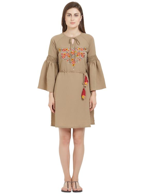 bell sleeved smocking detail embroidered dress - 15485173 - Zoom Image - 1