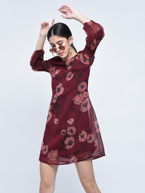Burgundy floral lantern sleeved dress - 15486017 - Standard Image - 1