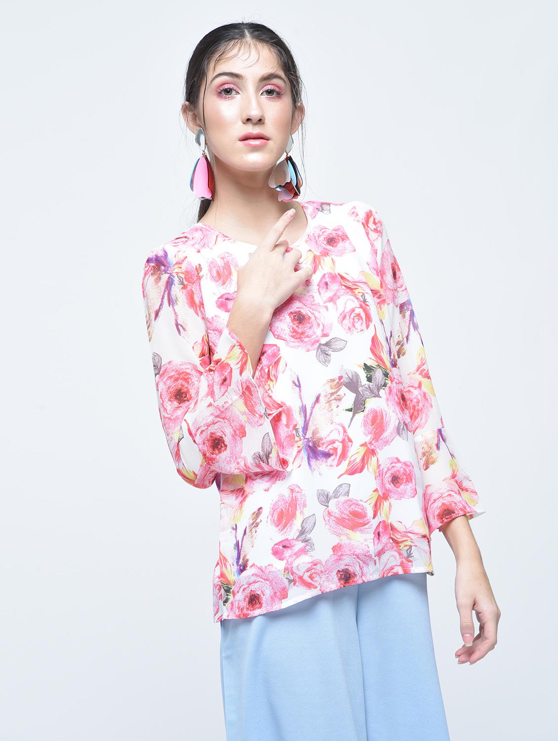 floral flute sleeved top - 15486053 - Zoom Image - 1