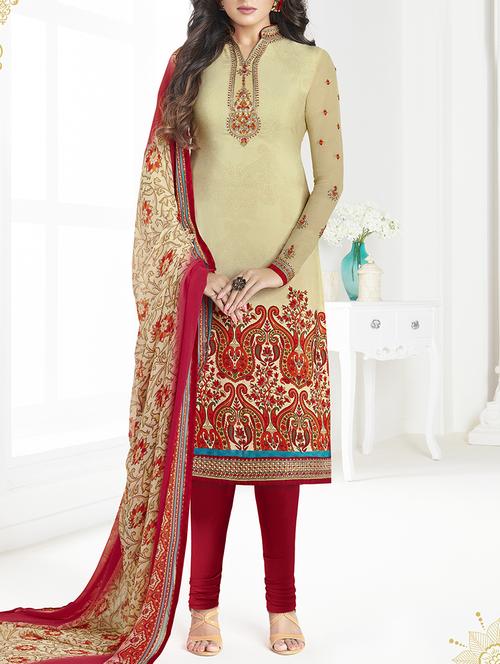 Embroidered semi-stitched churidaar suit - 15492966 - Standard Image - 1