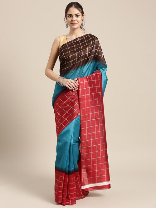 checkered bordered printed saree with blouse - 15494209 - Standard Image - 1