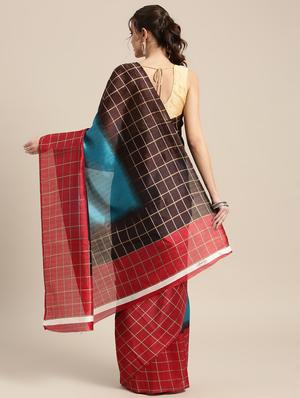 checkered bordered printed saree with blouse - 15494209 - Standard Image - 2