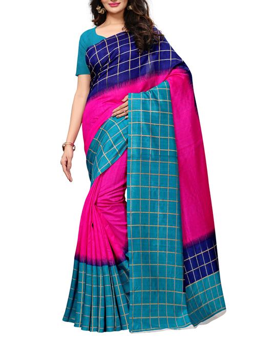checkered bordered printed saree with blouse - 15494210 - Standard Image - 1