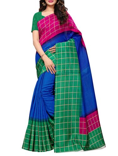 checkered bordered printed saree with blouse - 15494211 - Very Small Image - 1