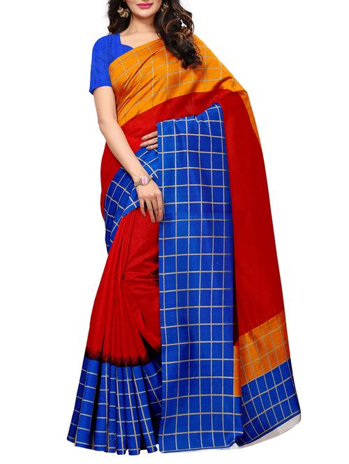 checkered bordered printed saree with blouse - 15494212 - Standard Image - 1