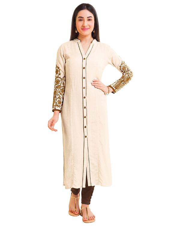 Embroidered piping straight kurta - 15494745 - Zoom Image - 1