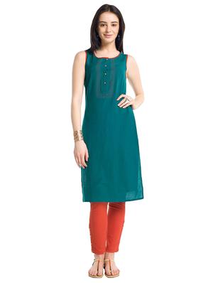 Teal thread work straight kurta - 15494844 - Standard Image - 1