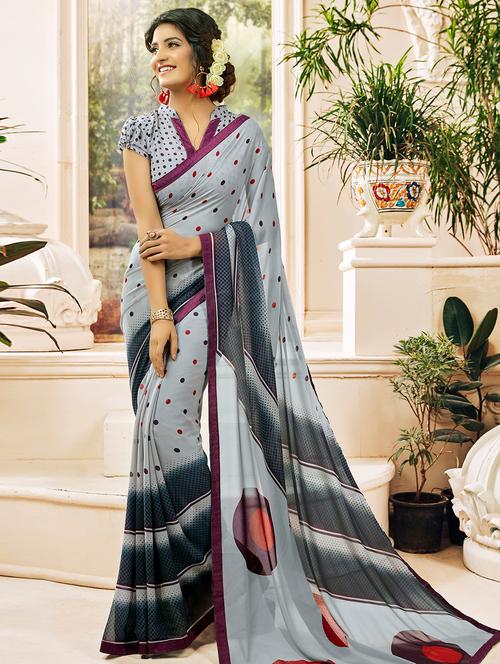 Polka dots printed saree with blouse - 15495118 - Very Small Image - 1