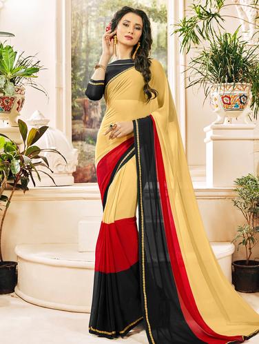 Contrast bordered saree with blouse - 15495124 - Very Small Image - 1
