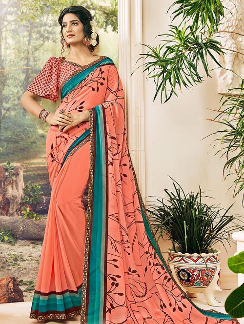 Contrast bordered printed saree with blouse - 15495126 - Very Small Image - 1