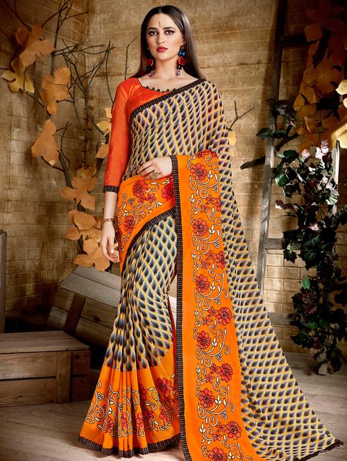Geometrical printed saree with blouse - 15495128 - Very Small Image - 1