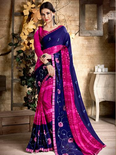 Embroidered bordered saree with blouse - 15495131 - Very Small Image - 1