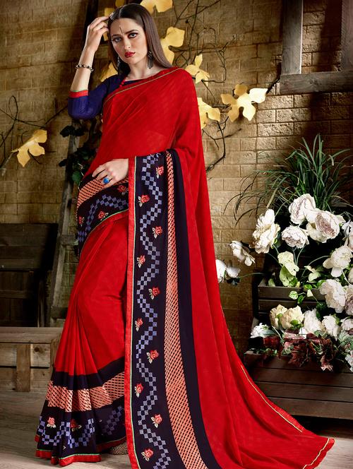embroidered bordered saree with blouse - 15495137 - Very Small Image - 1