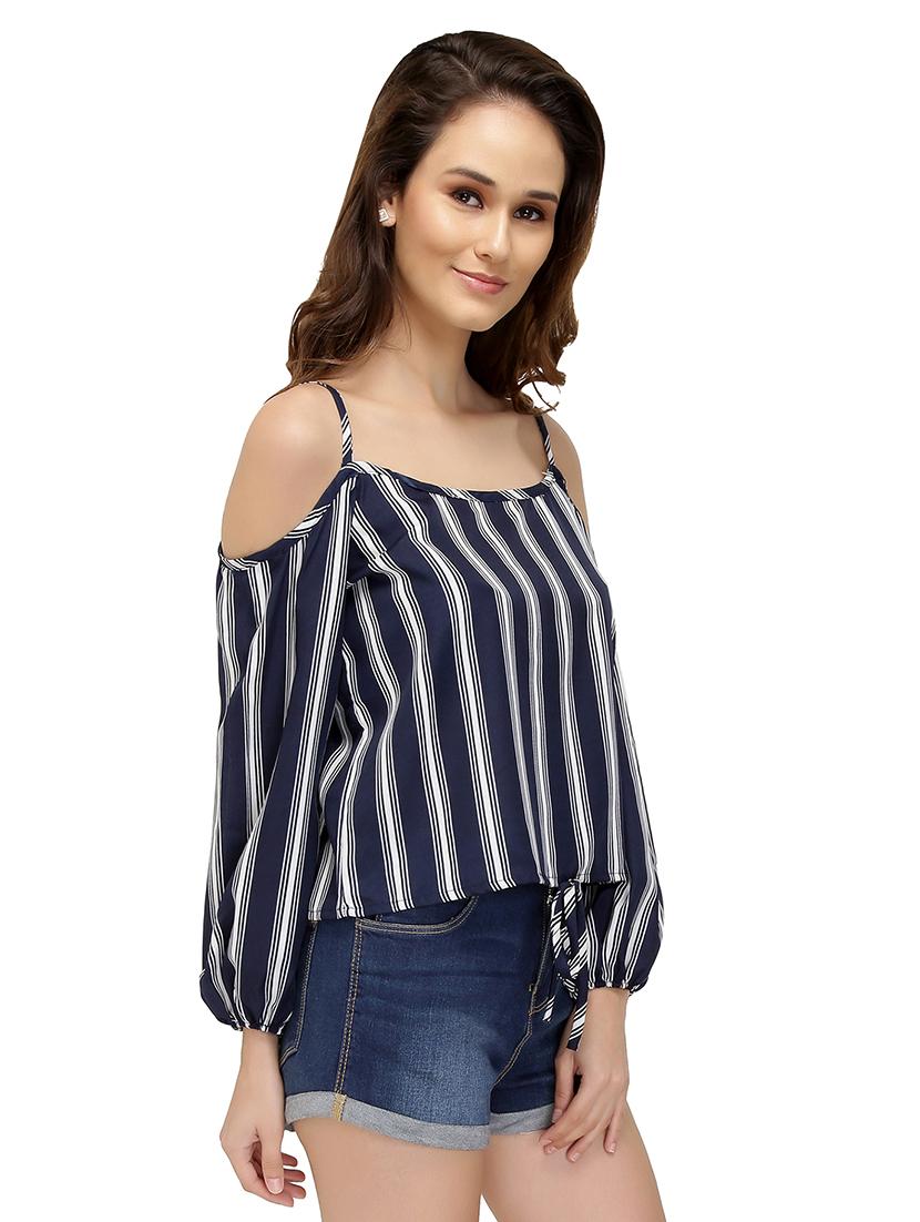 cold shoulder knotted hem striped top - 15496681 - Zoom Image - 2